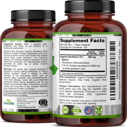 Zazzee USDA Organic Dandelion Root 10:1 Extract, 120 Capsules | 4 Month Supply, Liver & Detox Support, Taraxacum Officinale, Organic Herbal Supplement, All-Natural, Non-GMO, Made in the USA Gsupps Australia