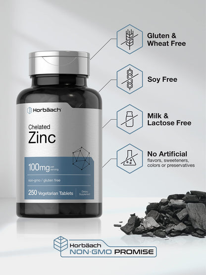 Horbäach Chelated Zinc Supplement 100mg | 250 Tablets | High Potency & Superior Absorption | Vegetarian, Non-GMO, Gluten Free Horbäach