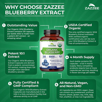 Zazzee USDA Organic Blueberry 10:1 Extract, 120 Capsules, 4 Month Supply | Vegan, Whole Fruit, Vaccinium Angustifolium, Antioxidant & Cellular Health Support, Herbal Supplement, Non-GMO, Made in USA Gsupps Australia