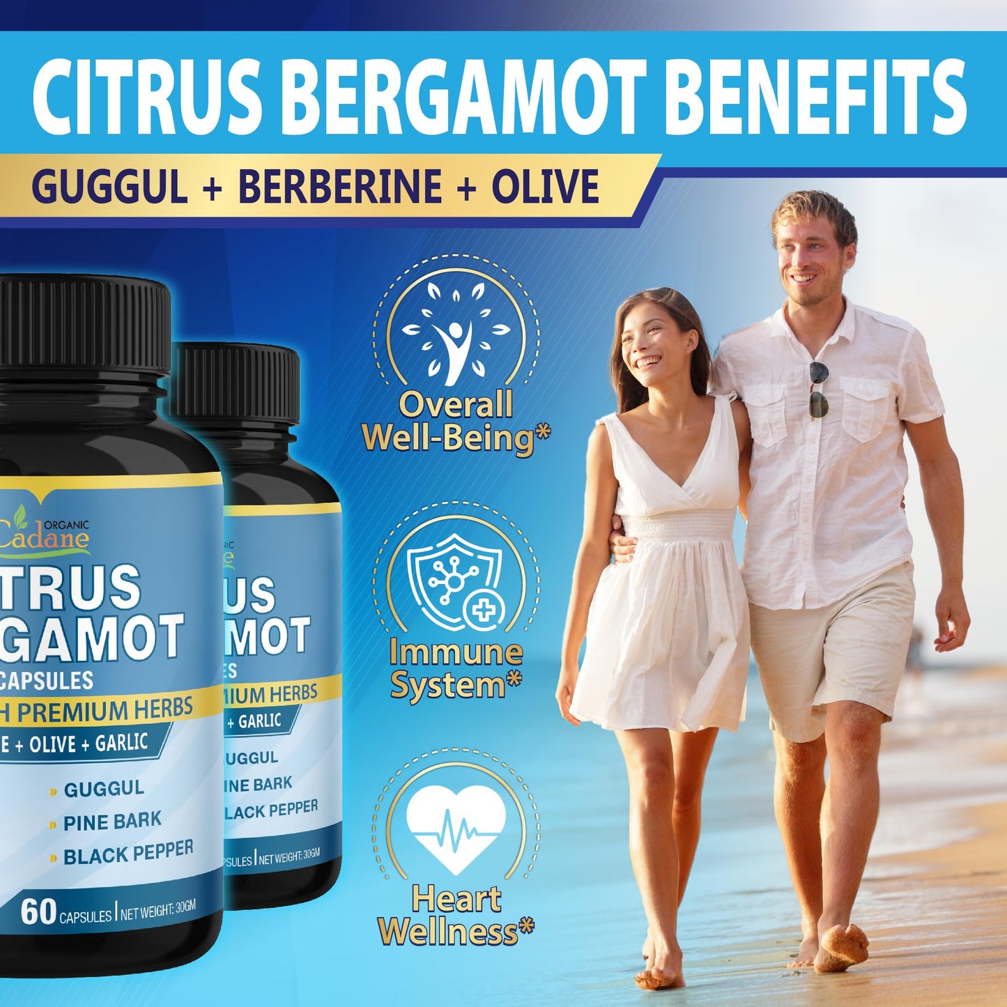 Cadane 2 Packs Citrus Bergamot Extract Capsules with Berberine, Olive, Guggul, Garlic, Pine Bark, Black Pepper | 4 Months Supply Organic Cadane