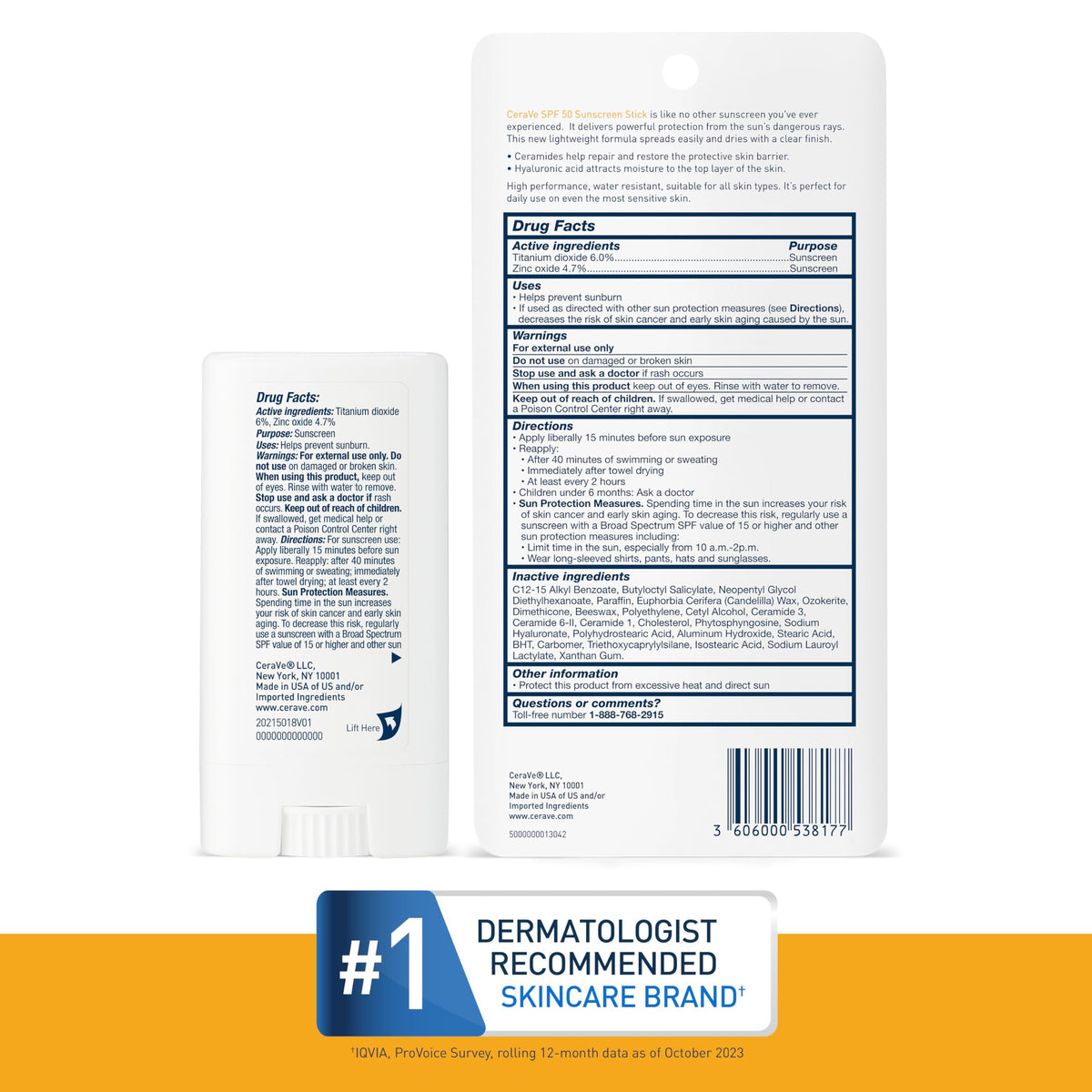 CeraVe Mineral Sunscreen Stick, SPF 50 Face Sunscreen, Travel Size, 0.47oz CeraVe
