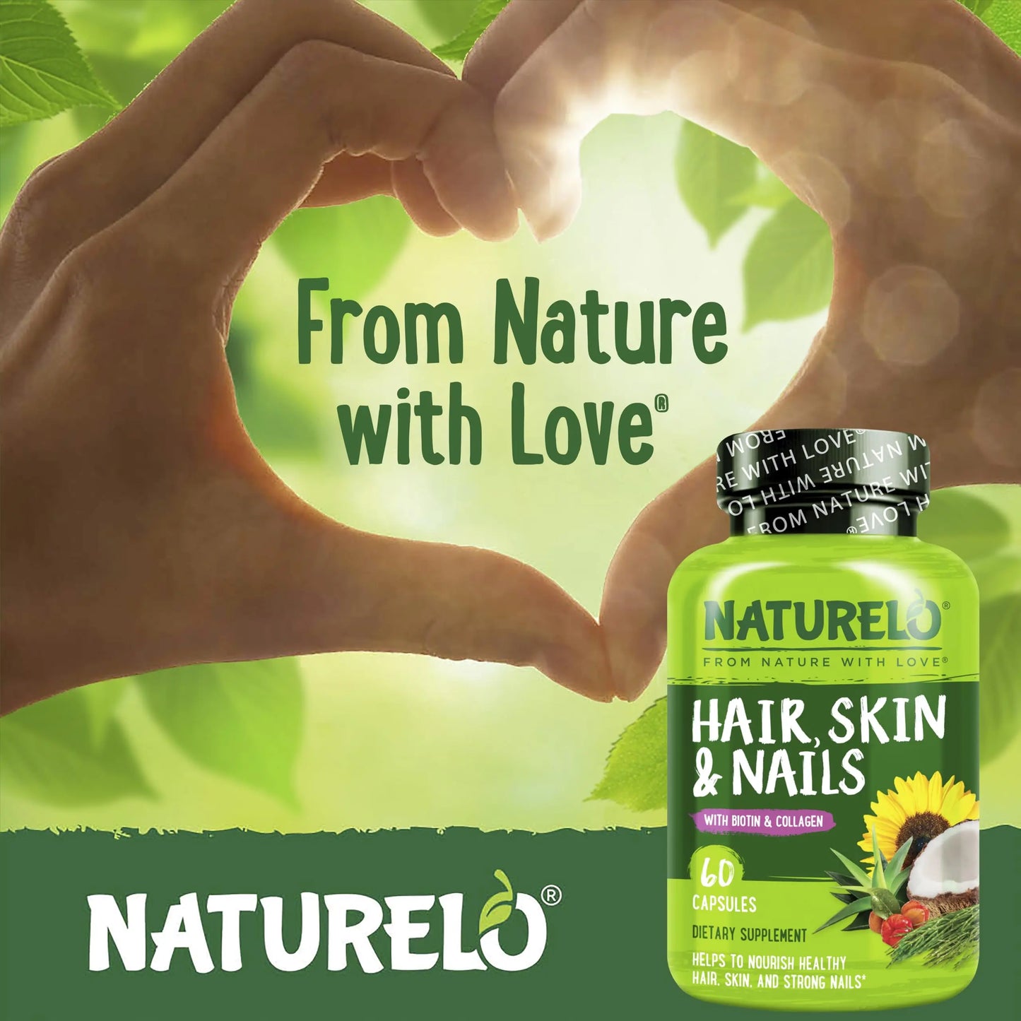 NATURELO Hair, Skin and Nails Vitamins - 5000 mcg Biotin, Collagen, Natural Vitamin E - Supplement for Healthy Skin NATURELO