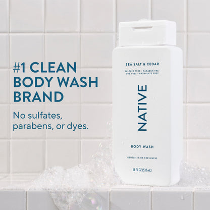 Native Body Wash Contains Naturally Derived Ingredients | For Women & Men, Sulfate, Paraben, & Dye Free Leaving Skin Soft and Hydrated | Sea Salt & Cedar 18 oz Native