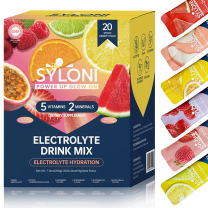 Syloni Electrolytes Powder Packets, Trial Variety Pack(20 Sticks), Sugar Free Hydration Packets Electrolyte Drink Mix with 7 Vitamins and Electrolytes Syloni