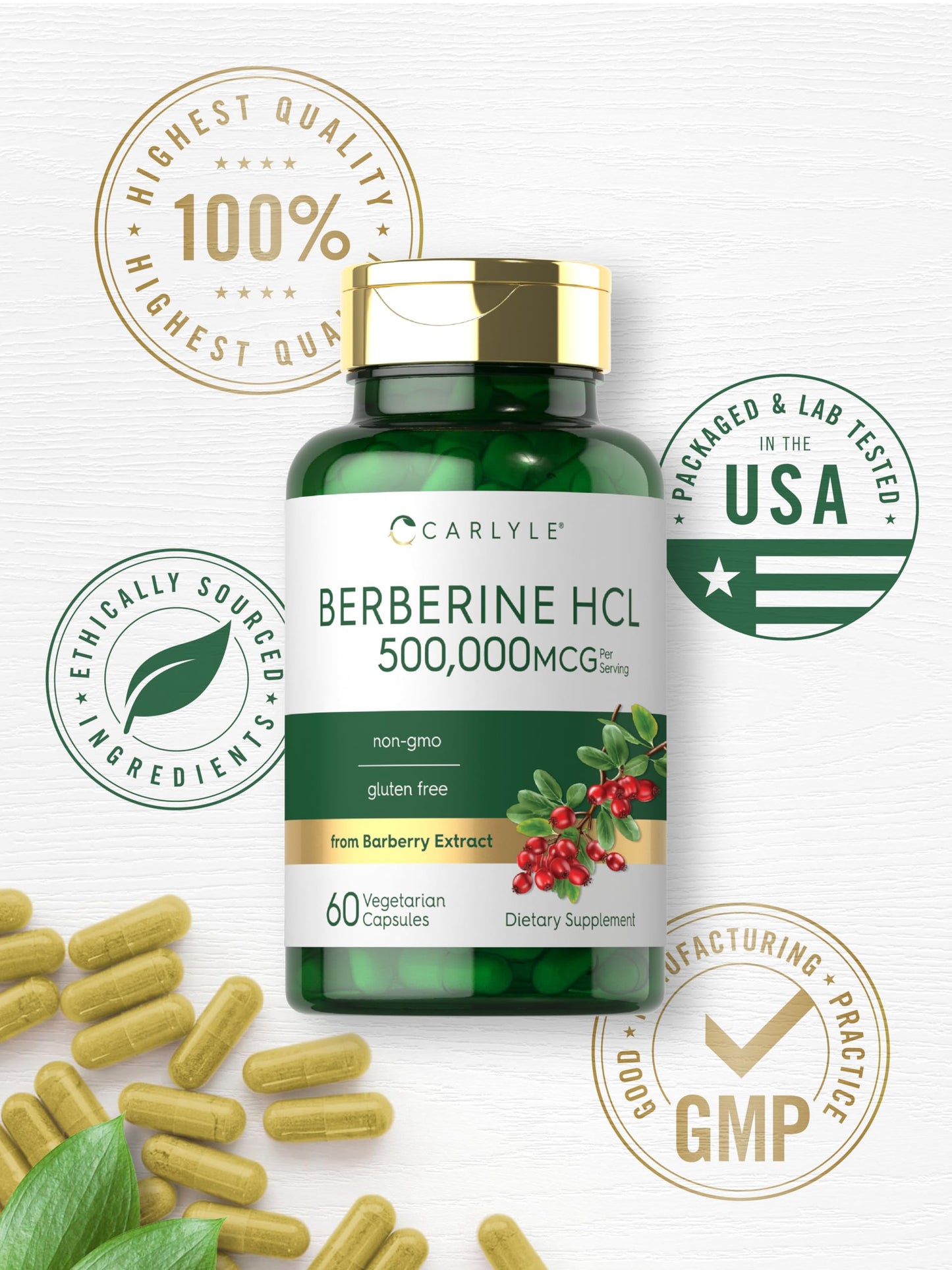 Carlyle Berberine HCL Supplement | 500,000mcg | 60 Capsules | Vegetarian, Non-GMO, Gluten Free Carlyle