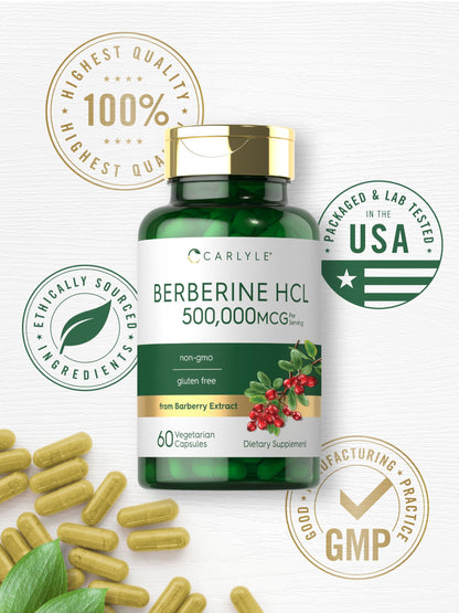 Carlyle Berberine HCL Supplement | 500,000mcg | 60 Capsules | Vegetarian, Non-GMO, Gluten Free Carlyle