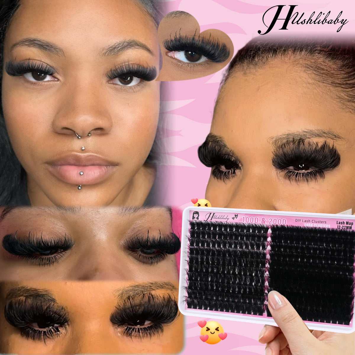 Lash Clusters 100D+200D Mega Thick Lashes Clusters 12-22mm Wispy Individual Thick Volume Lashes Cluster Eyelash Extensions 280Pcs DIY Lash Extension at Home, by Hushlibaby(Plant Fiber) Hushlibaby