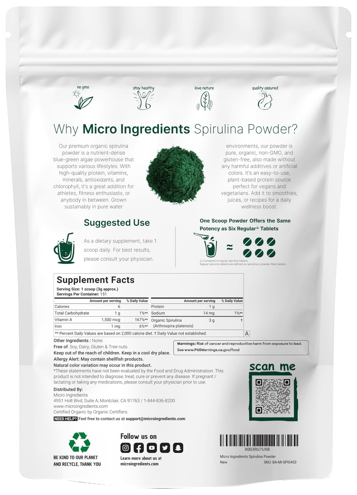 Micro Ingredients Organic Spirulina Powder, 1lb | Blue-Green Algae, Rich in Vegan Protein, Vitamins & Minerals | Source of Natural Chlorophyll & Enzymes Micro Ingredients