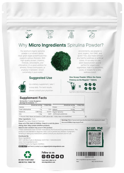 Micro Ingredients Organic Spirulina Powder, 1lb | Blue-Green Algae, Rich in Vegan Protein, Vitamins & Minerals | Source of Natural Chlorophyll & Enzymes Micro Ingredients