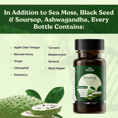 Serene Herbs 17-in-1 Sea Moss Capsules with Irish Seamoss, Black Seed Oil, Ashwagandha, Turmeric & Bladderwrack - Advanced Immunity, Energy & Gut Support - Natural Herbal Supplement - 60 Count