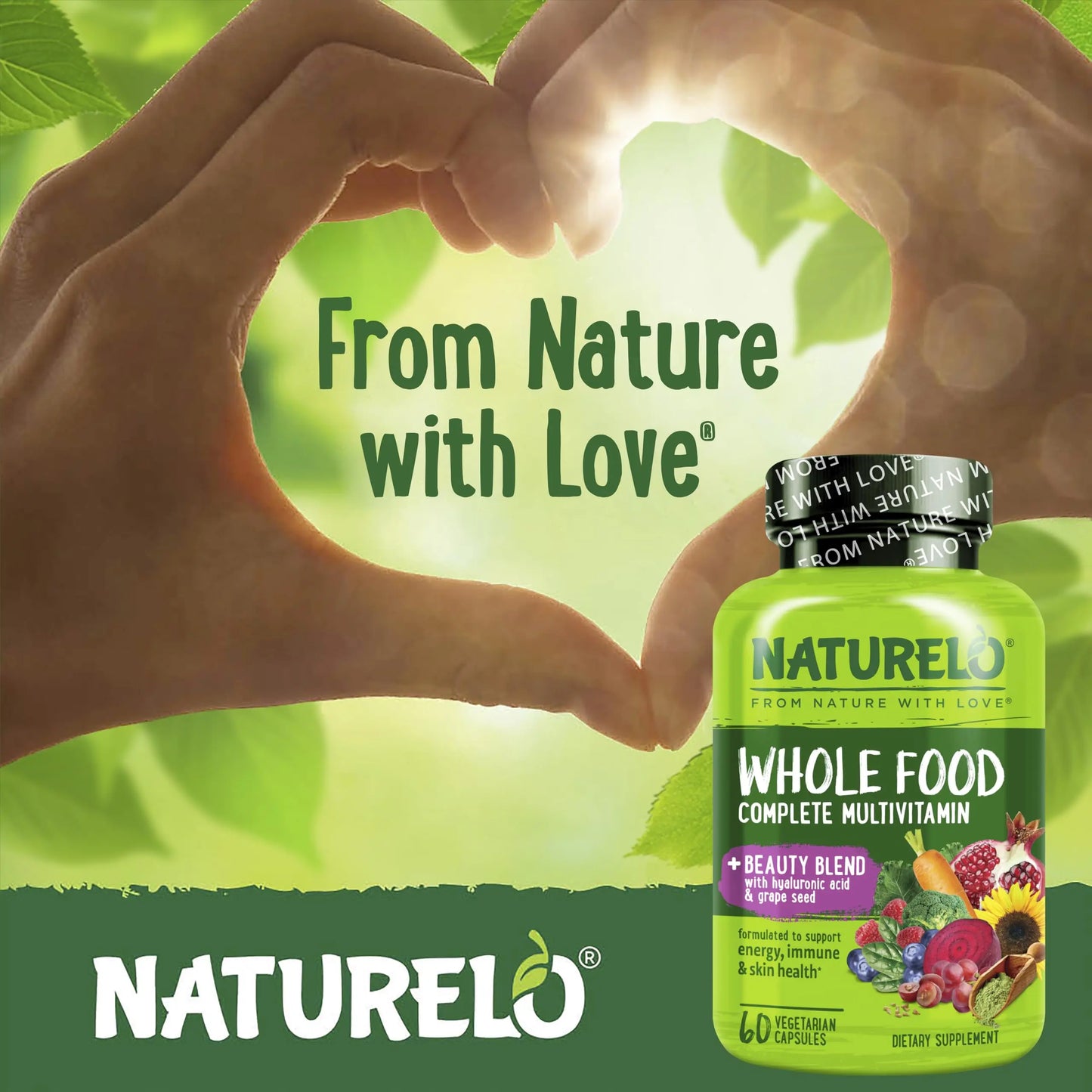 NATURELO Whole Food Multivitamin with Extra Hair, Skin and Nails Support - Beauty Blend with Hyaluronic Acid & Grape Seed - High Potency Biotin, Vitamin C NATURELO