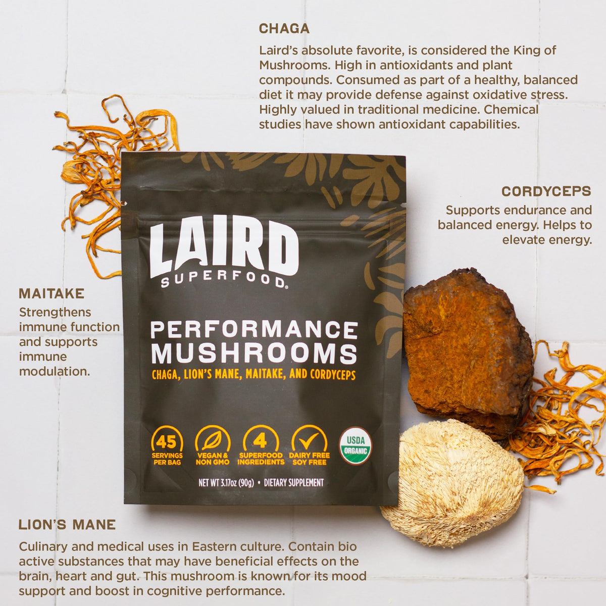 Laird Superfood Organic Performance Mushroom Blend with Chaga, Cordyceps, Lion's Mane and Maitake for Energy Laird Superfood