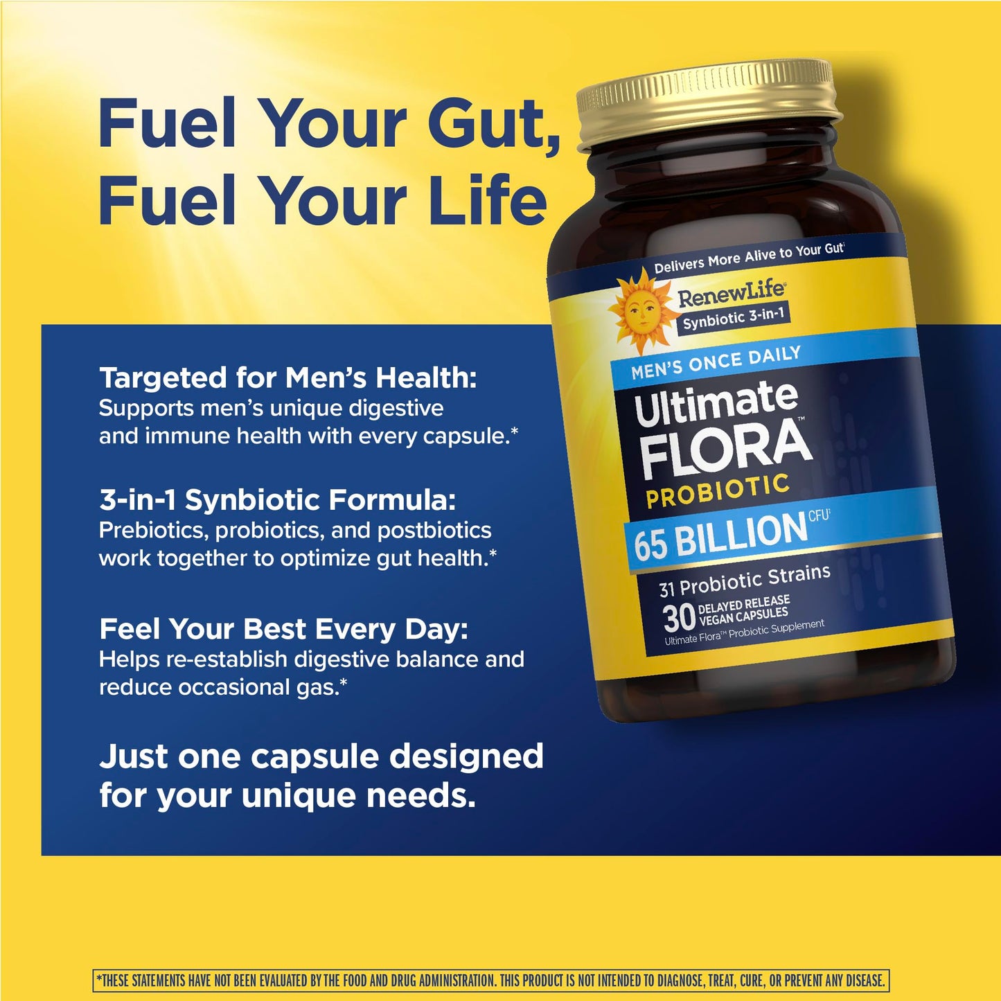 Renew Life Ultimate Flora Probiotics for Men 65 Billion CFU Delayed Release Vegan Capsules | Digestive Health | Immune Health | Dairy Free | 30 Count Renew Life