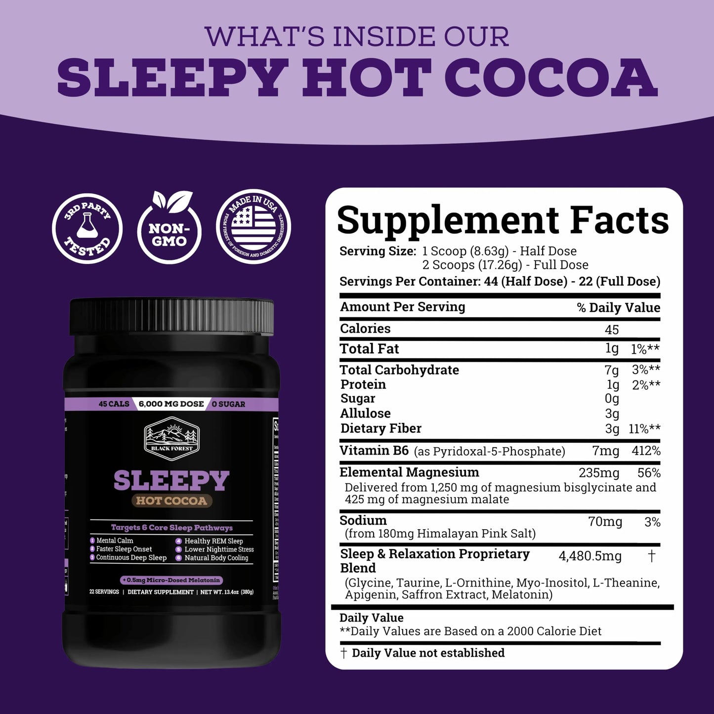Black Forest Sleepy Hot Cocoa - Magnesium Hot Chocolate Sleepy Cocoa Sleep Powder for Adults with Melatonin & L-Theanine - Natural Sleep Drink Mix for Deep Sleep & Relaxation, Black Forest
