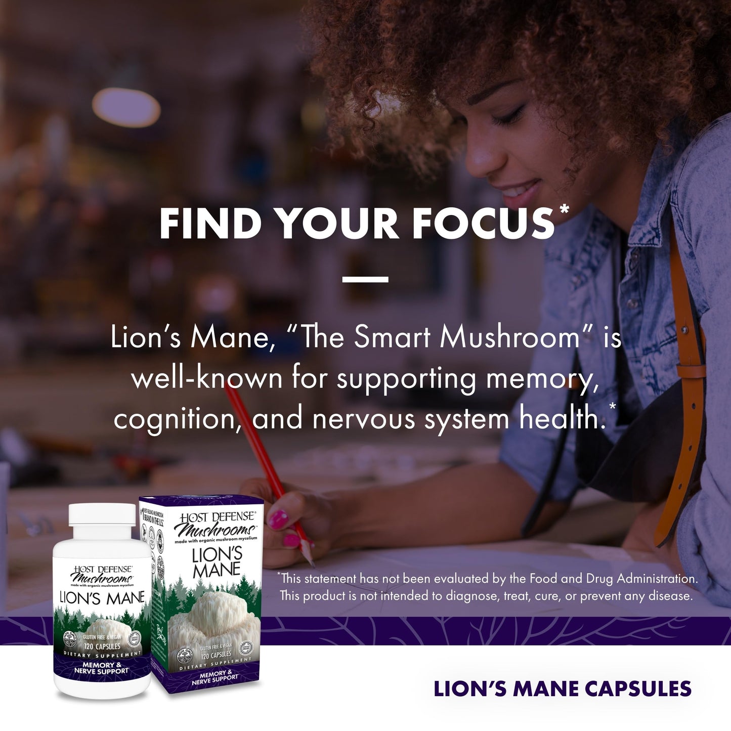 Host Defense Mushrooms Lion's Mane - Supplement Capsules for Brain Health Support - Mushroom Support for Focus & Memory Function Host Defense