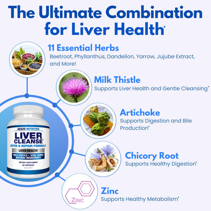 Arazo Nutrition Liver Cleanse Detox & Repair Formula – Milk Thistle Herbal Support Supplement: Silymarin, Beet Arazo Nutrition