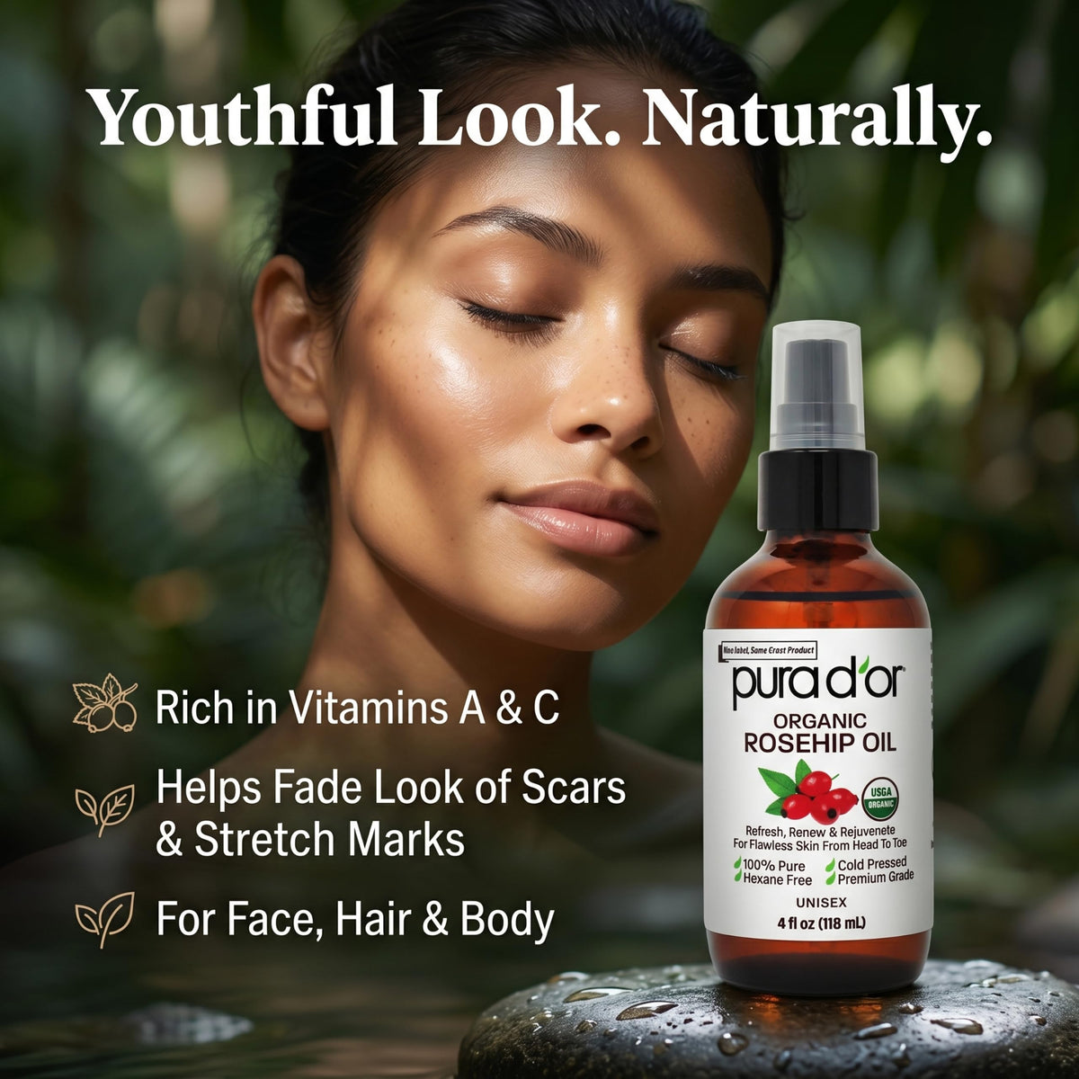 PURA D'OR ORGANIC Rosehip Seed Oil Pure Cold-Pressed for Face, 4oz PURA D'OR