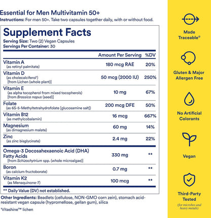 Ritual Men’s 50+ Daily Multivitamin - Key Essential Vitamins and Minerals To Support Heart, Energy, Brain, Muscle, Bone Health* - Including Zinc, D3, B12, A - Vegan - Mint - 60 Capsules - 30 Servings