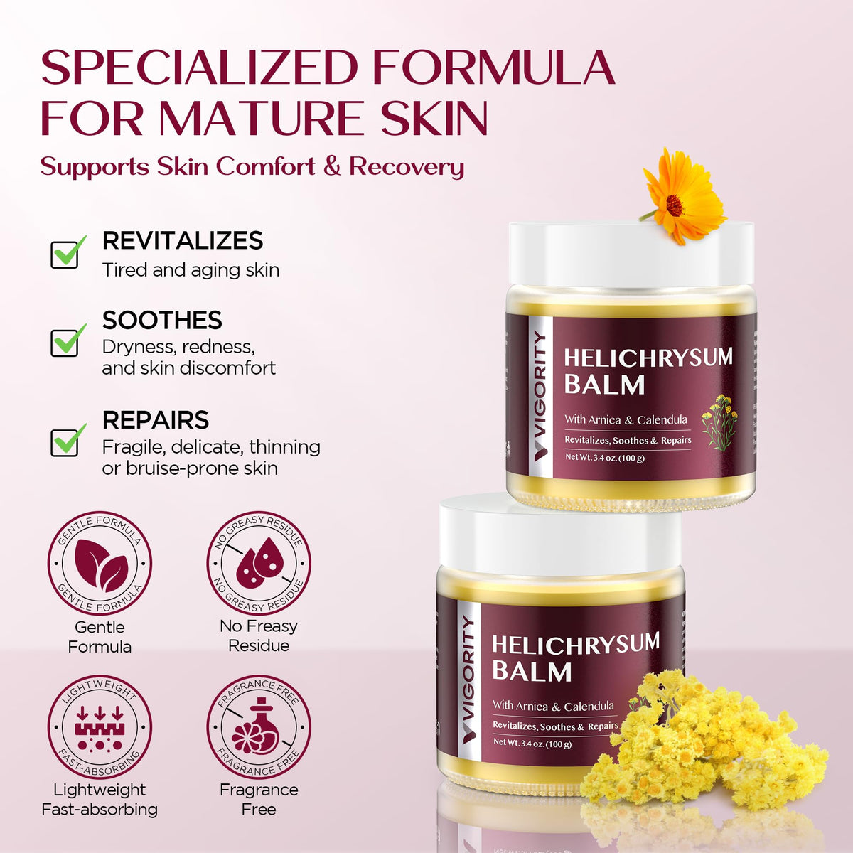 Vigority Helichrysum Balm Soothes & Repairs: Restorative Arnica Cream with Calendula for Fragile, Thin Skin & Bruise-Prone – Moisturizes, Revitalizes & Strengthens Skin Barrier for Adult Seniors 3.4oz Vigority