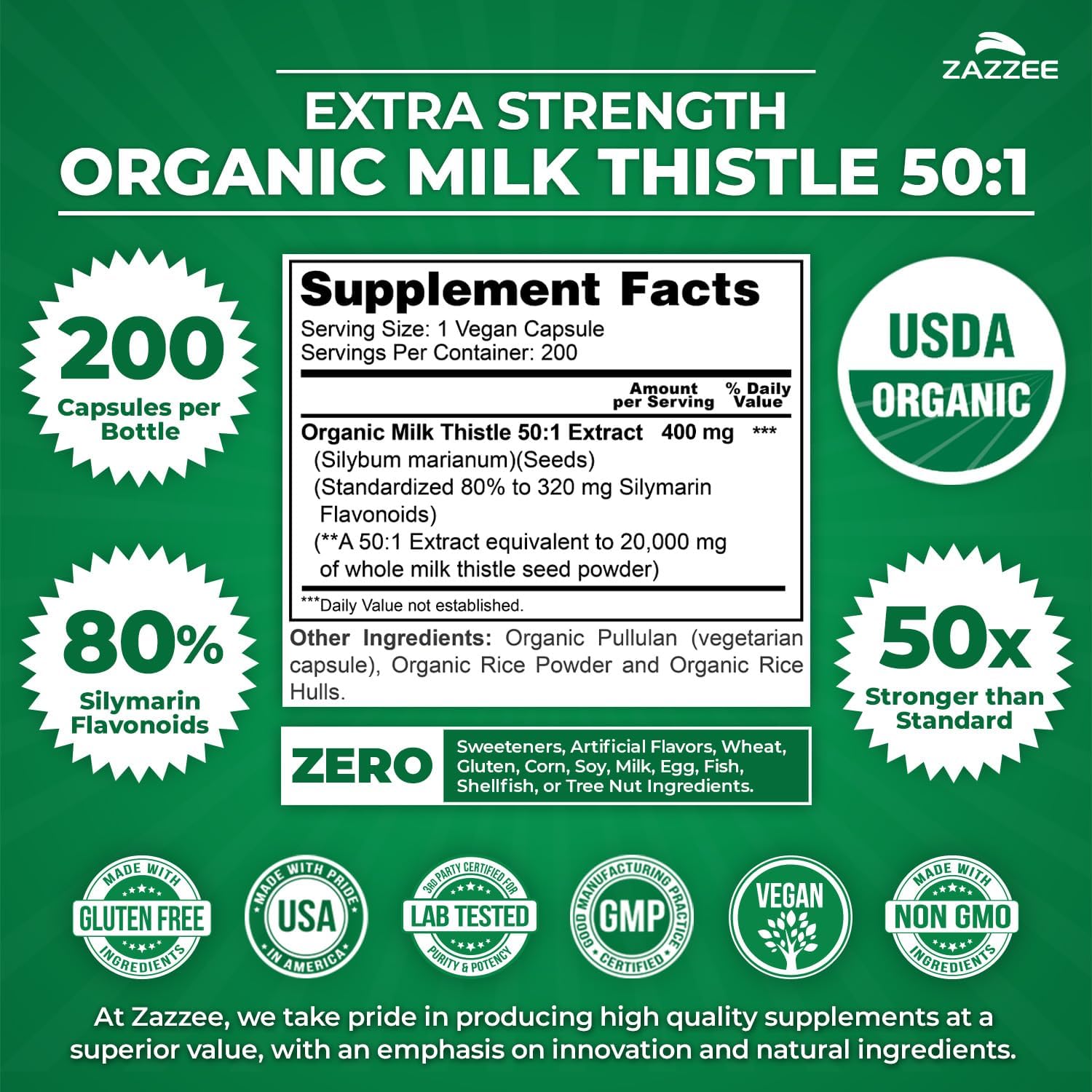 Zazzee USDA Organic Milk Thistle 50:1 Extract, 200 Vegan Capsules | 80% Silymarin Flavonoids, 6+ Month Supply, Silybum Marianum, Liver Support & Detox Support, All-Natural, Non-GMO, Made in USA Gsupps Australia