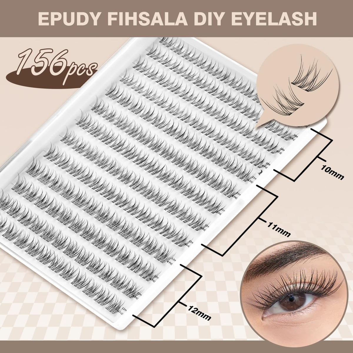No-Stem Lash Clusters No Band 10-12mm Short Eyelash Clusters 156pcs Clear Invisible Band No-Glue DIY Eyelashes, EPUDY FIHSALA Natural Soft Wispy C-Curl Individual Eyelash Extensions with Tweezers EPUDY FIHSALA