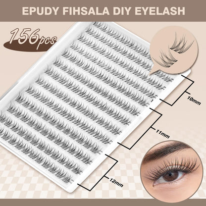 No-Stem Lash Clusters No Band 10-12mm Short Eyelash Clusters 156pcs Clear Invisible Band No-Glue DIY Eyelashes, EPUDY FIHSALA Natural Soft Wispy C-Curl Individual Eyelash Extensions with Tweezers EPUDY FIHSALA