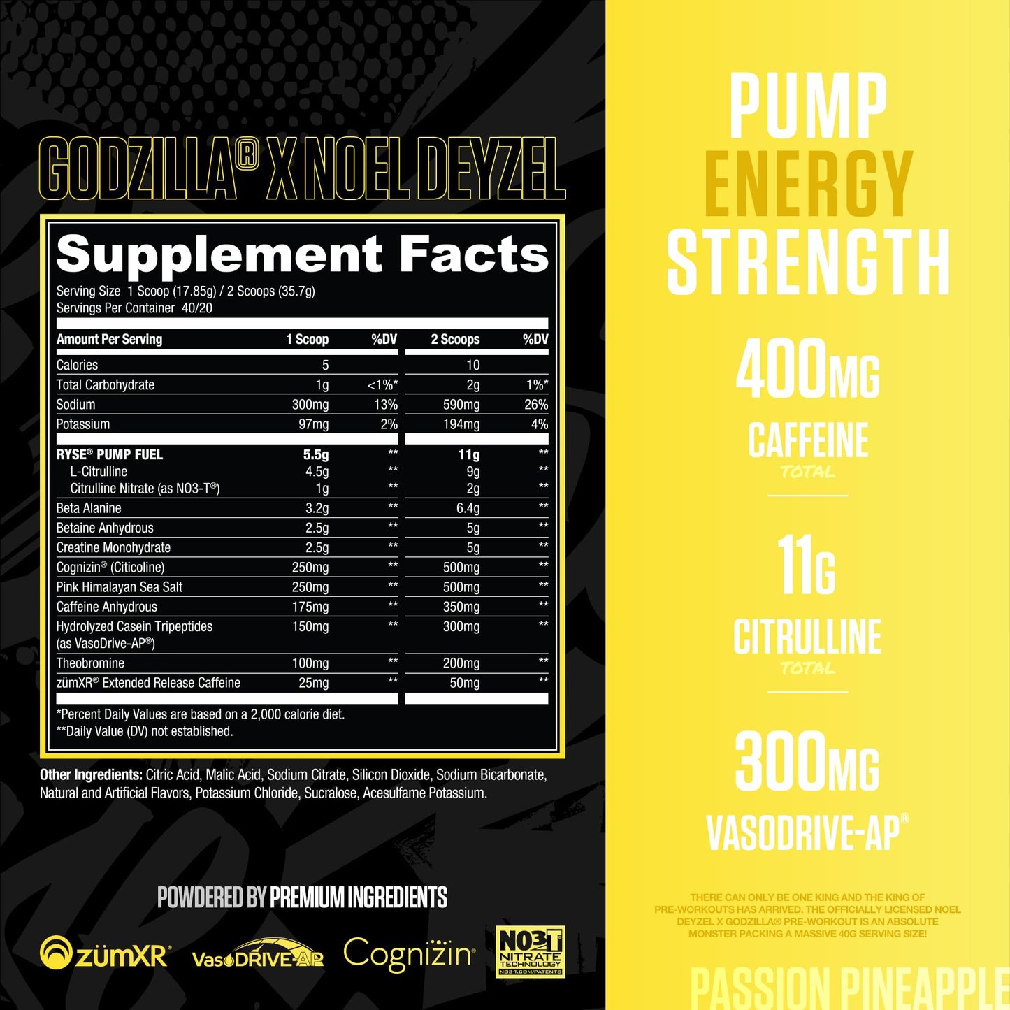 RYSE Godzilla X Noel Deyzel Pre Workout Powder - Monsterberry Lime - 400mg Caffeine, High Stim Pre-Workout for Men & Women with Citrulline & Beta Alanine - Energy, Pump & Focus - 20/40 Servings