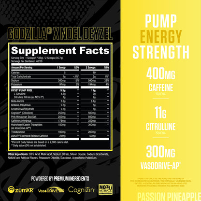 RYSE Godzilla X Noel Deyzel Pre Workout Powder - Monsterberry Lime - 400mg Caffeine, High Stim Pre-Workout for Men & Women with Citrulline & Beta Alanine - Energy, Pump & Focus - 20/40 Servings