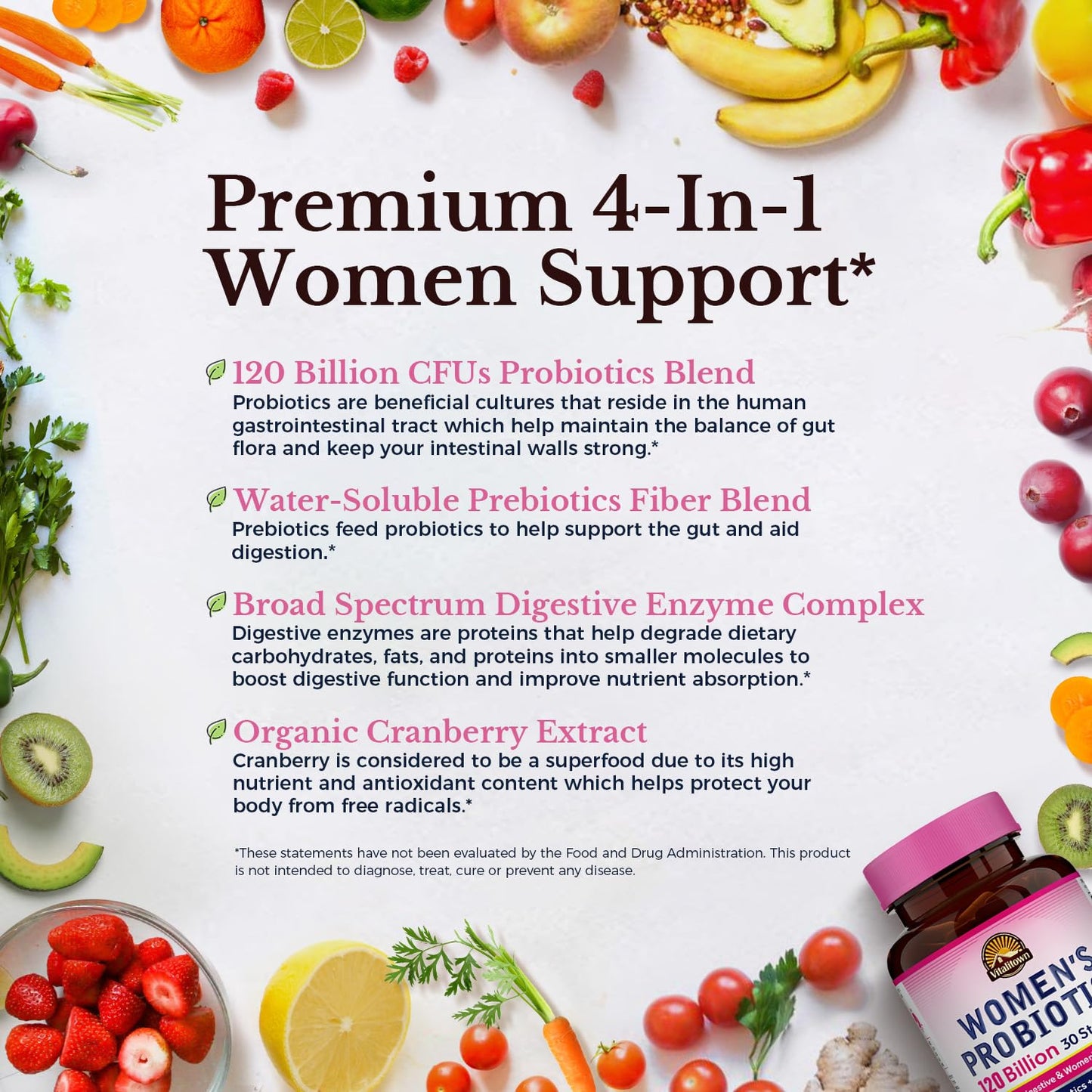 Vitalitown Probiotics for Women 120 Billion CFUs, 30 Strains, with Prebiotics & Digestive Enzymes & Cranberry, Gut & Vaginal Health, Vegan 30 Vitalitown