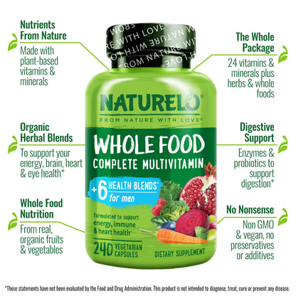 NATURELO Mens Multivitamins - Whole Food Multivitamin for Men with Vitamins, Minerals - 240 Vegetarian Capsules for Energy, Brain, Heart, Eye Health* NATURELO