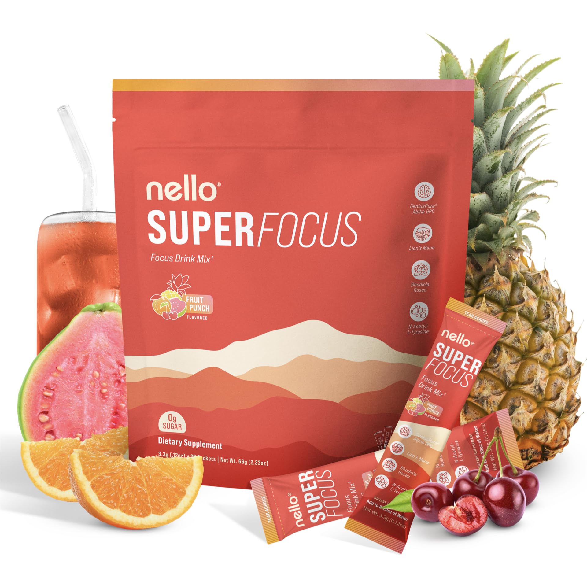 Nello Superfocus Focus Drink Mix – Fruit Punch Flavor – Alpha GPC, Lion’s Mane, Rhodiola & N-Acetyl L-Tyrosine – Sugar-Free, On-the-Go Packets – 20 Servings Nello buy australia supplements