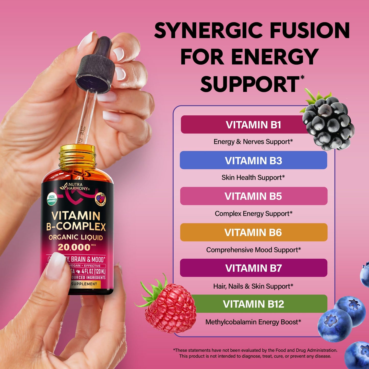 USDA Organic Vitamin B-Complex B5 Pantothenic Acid | B12 Methylcobalamin | B1 Thiamine | B6 Pyridoxine | B7 Biotin | B9 Folic | B3 Niacinamide NUTRAHARMONY