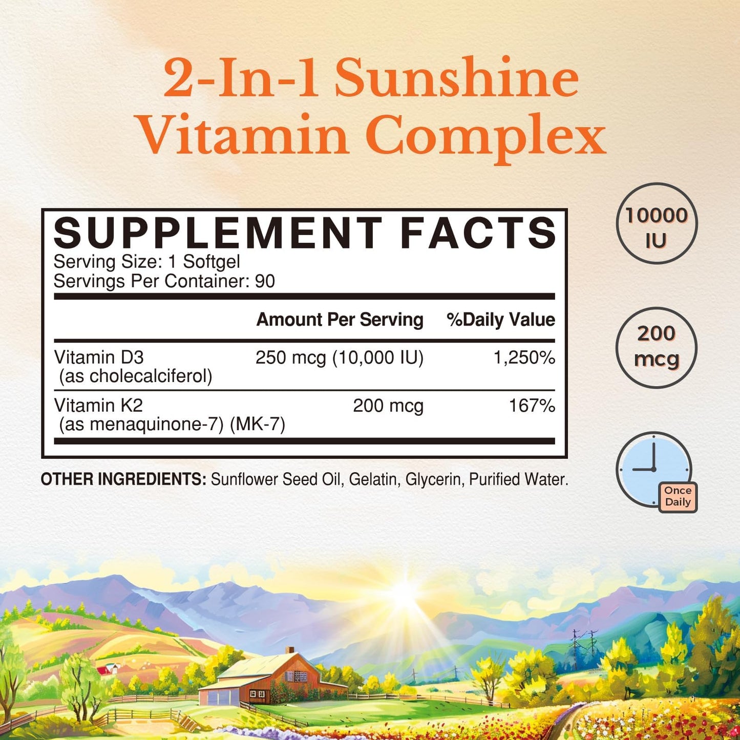 Vitalitown Vitamin D3 K2 Supplement, Vitamin D3 10000 IU Vitamin K2 (MK7) 200 mcg, 90 Softgels, Non-GMO, No Gluten & Soy Vitalitown