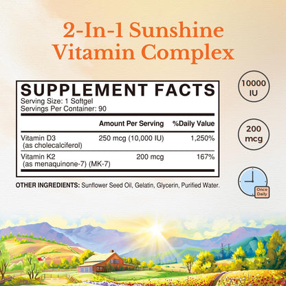 Vitalitown Vitamin D3 K2 Supplement, Vitamin D3 10000 IU Vitamin K2 (MK7) 200 mcg, 90 Softgels, Non-GMO, No Gluten & Soy Vitalitown
