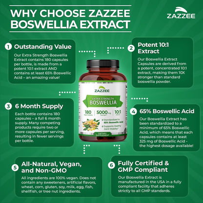 Zazzee Extra Strength Boswellia 10:1 Extract, 180 Capsules, 6 Month Supply | 65% Boswellic Acid, Vegan, Boswellia Serrata, Joint Comfort, Mobility & Flexibility Support, Non-GMO, Made in the USA Gsupps Australia