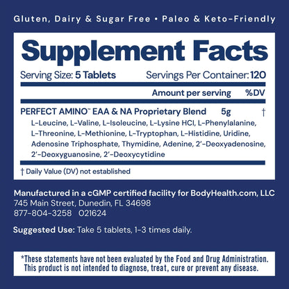 BodyHealth PerfectAmino, Essential Amino Acid with BCAAs + Lysine, Phenylalanine, Threonine, Methionine, Tryptophan, Supplement for Muscle Mass Production, BodyHealth