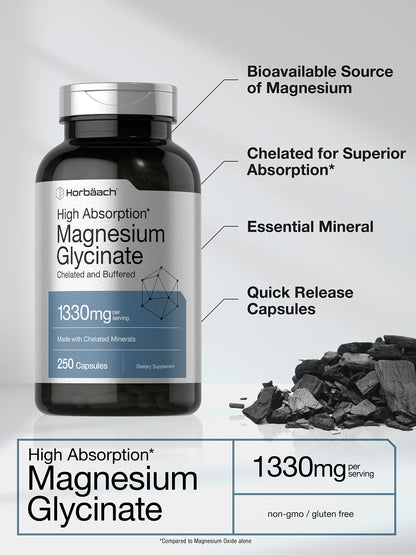 Horbaach Magnesium Glycinate 1330mg | 250 Capsules | Buffered with Chelated Minerals | 240 mg per Serving | Non-GMO, Gluten Free Supplement Horbäach