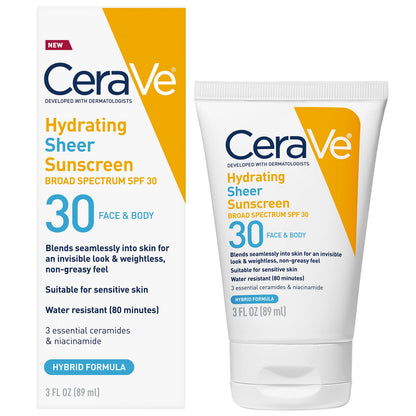 CeraVe Hydrating Sheer Sunscreen SPF 30 with Hyaluronic Acid, 3oz CeraVe