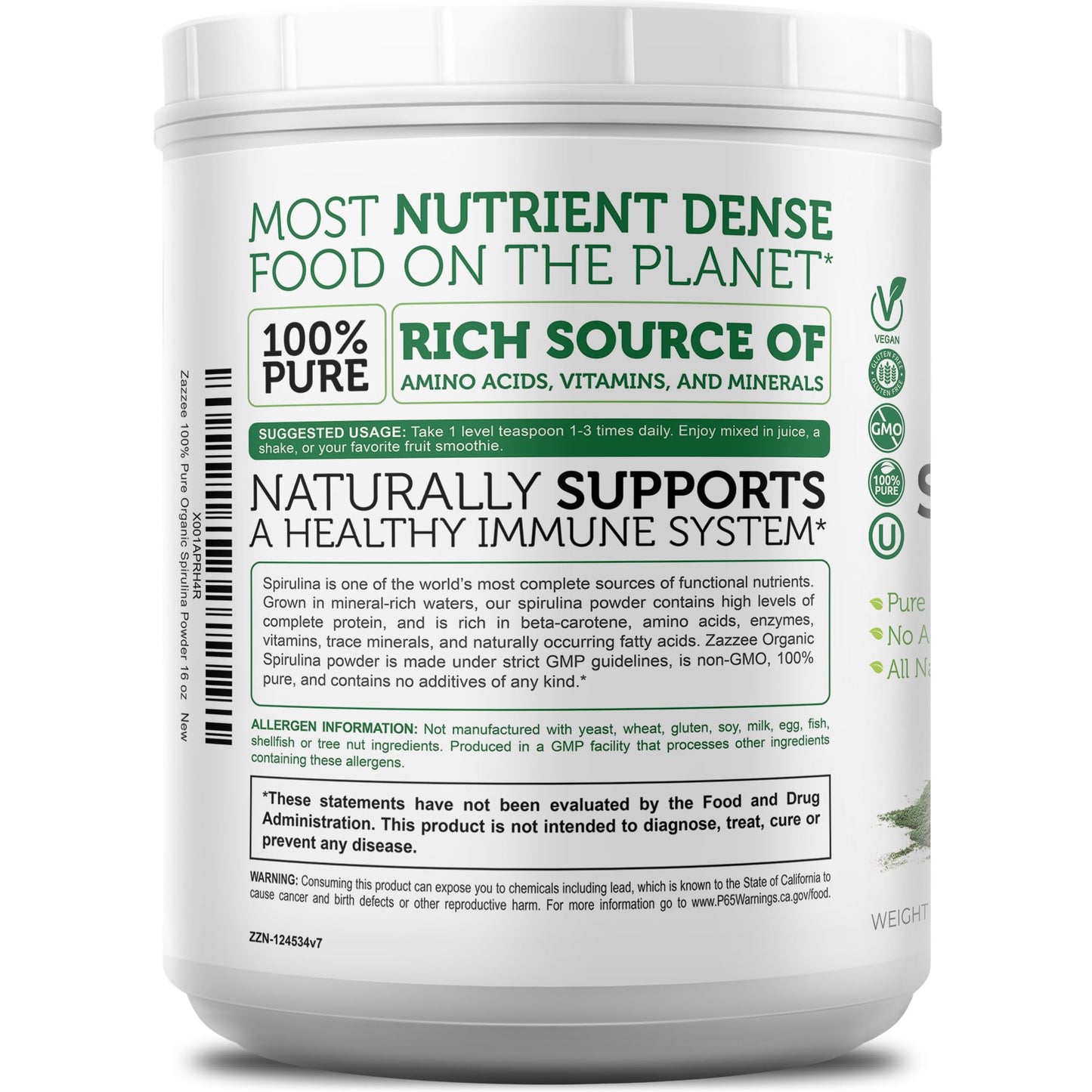 Zazzee USDA Organic Spirulina Powder, 2.2 Pounds (1 KG), 303 Servings | Certified Kosher, 100% Pure, Non-Irradiated, Mess-Free Wide Mouth Container, Fresh Smell, Neutral Taste, Non-GMO, Made in USA Gsupps Australia