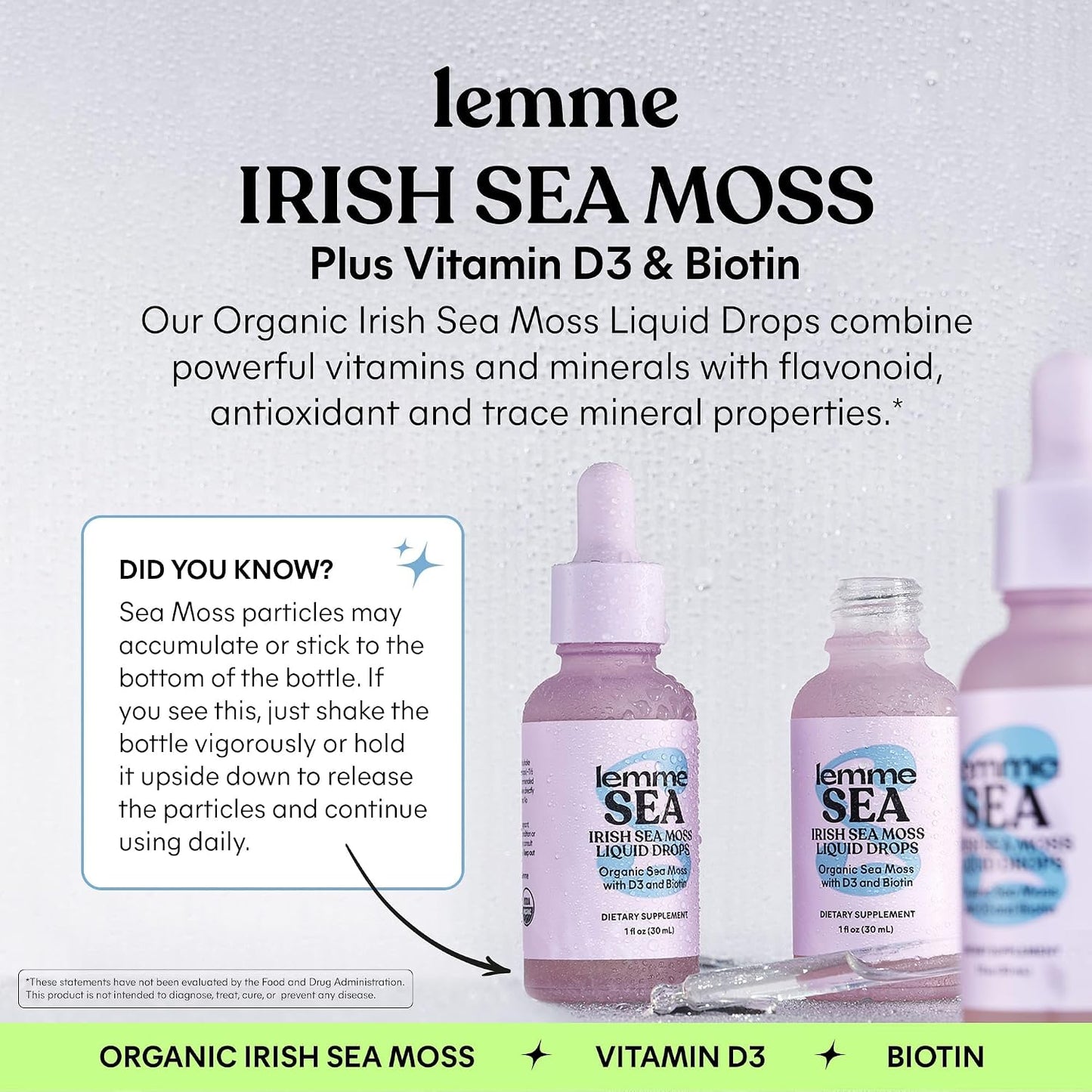 Lemme Irish Sea Moss Organic Liquid Drops with Vitamin D3 & Biotin, Thyroid, Immunity, Hair Skin & Nails & Brain Health Support, Trace Minerals, Sugar Free, 1 oz, 30-Day Supply