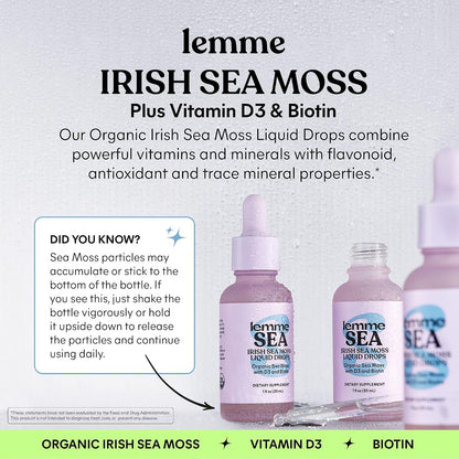 Lemme Irish Sea Moss Organic Liquid Drops with Vitamin D3 & Biotin, Thyroid, Immunity, Hair Skin & Nails & Brain Health Support, Trace Minerals, Sugar Free, 1 oz, 30-Day Supply