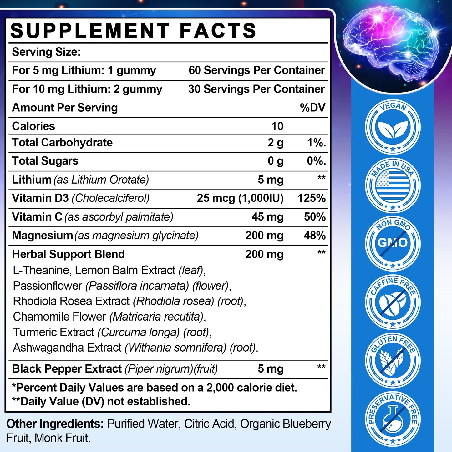 12-in-1 Lithium Orotate 5mg 10mg with Ashwagandha & L-Theanine, Lithium Orotate for Mood, Calm, Cognitive & Brain, High Bioavailability Trace Mineral, Lemon Balm HevChay