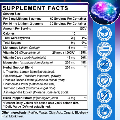 12-in-1 Lithium Orotate 5mg 10mg with Ashwagandha & L-Theanine, Lithium Orotate for Mood, Calm, Cognitive & Brain, High Bioavailability Trace Mineral, Lemon Balm HevChay