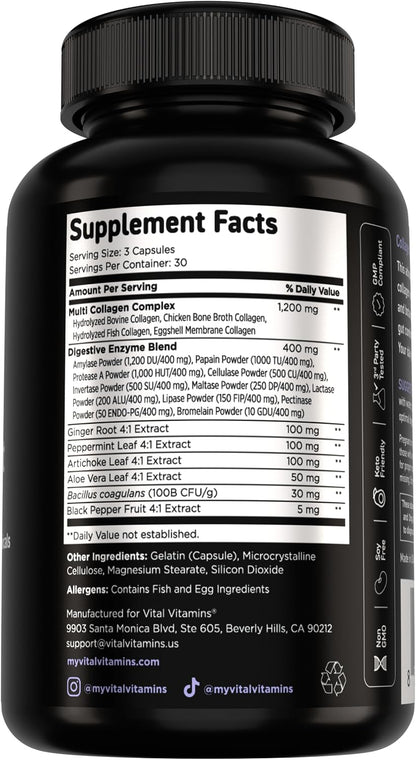 Vital Vitamins Multi Collagen Complex Plus + Gut, Probiotics & Enzymes | 5 Collagen Types I, II, III, V & X with Digestive Enzyme Blend, 3 Billion CFU Probiotic & Gut Botanicals, 90 Capsules Gsupps Australia