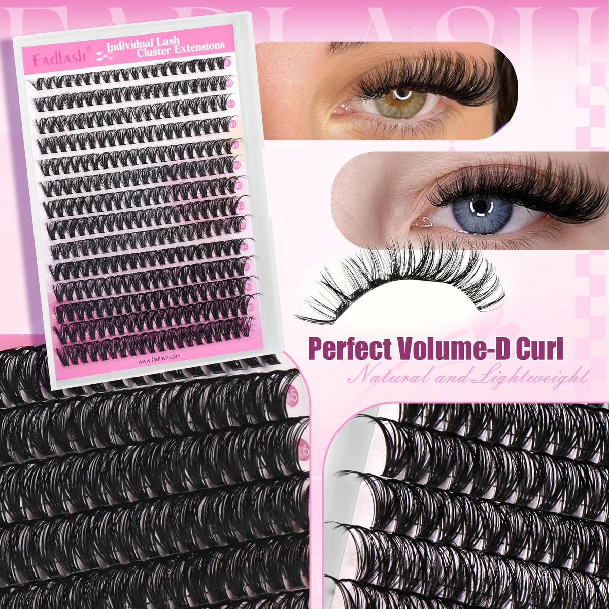 FADLASH DIY Lash Clusters Individual Eyeslash Extensions D Curl 280PCS Natural Eyelash Clusters Soft Band Wispy Volume Eyelash Extension for Beginners DIY at Home (40D-0.07-D, 8-16mm) FADLASH