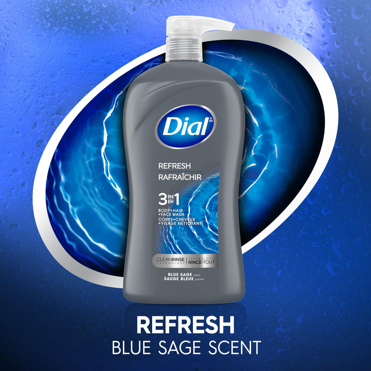 Dial Men 3 in 1 Body, Hair and Face Wash, Refresh, 32 Fl Oz, Blue Sage Scent, Cleanses Deep + Gentle on Skin with Clean Rinse Technology Dial