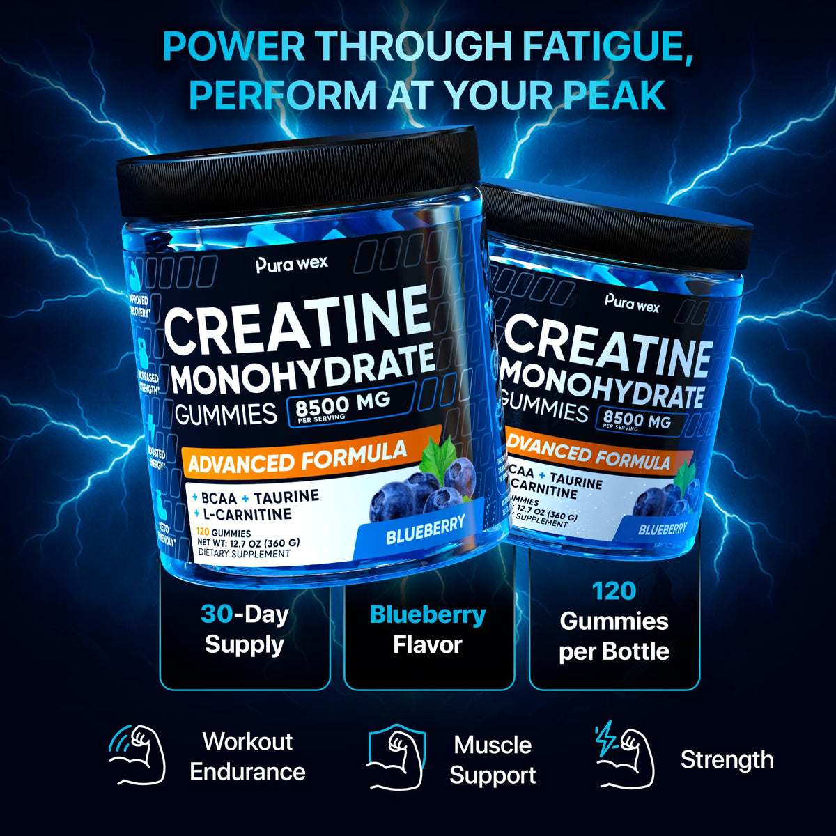 PURA WEX NUTRITION Creatine Monohydrate Gummies 8500mg Complex for Men & Women - Pre Workout Creatine Chews for Muscle Growth, Strength & Energy, PURA WEX NUTRITION