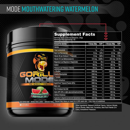 Gorilla Mode Creatine Monohydrate Micronized Powder & Pre Workout (Watermelon)- Massive Pumps | Laser Focus Energy | Improved Muscle Size | Power Output and Strength