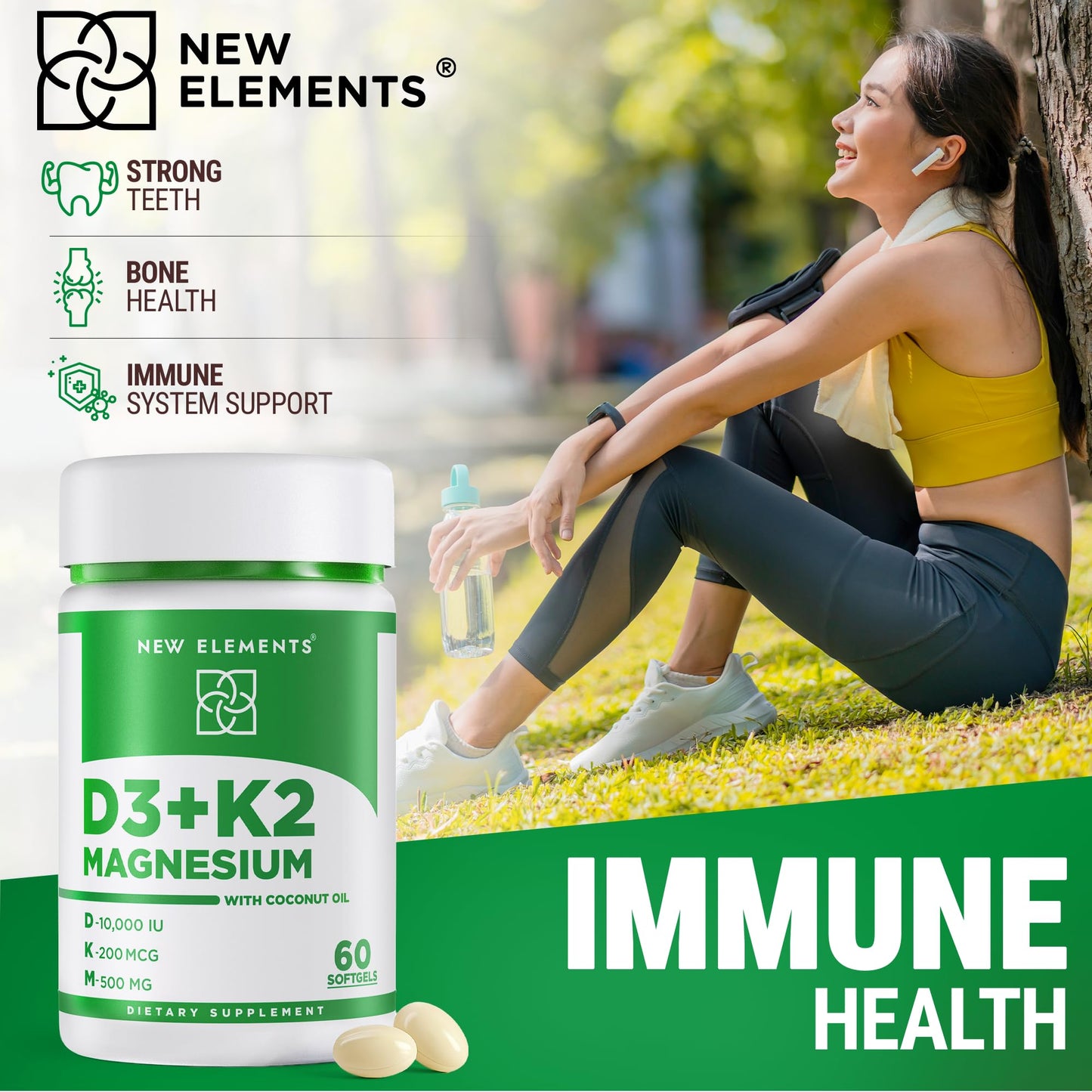 New Elements Vitamin D3 K2 10,000 IU with Magnesium Glycinate 500mg - Bone Health, Immune Support, Energy & Mood - Non-GMO, Gluten-Free New Elements