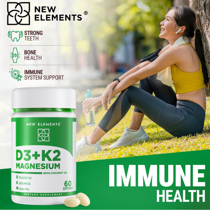 New Elements Vitamin D3 K2 10,000 IU with Magnesium Glycinate 500mg - Bone Health, Immune Support, Energy & Mood - Non-GMO, Gluten-Free New Elements